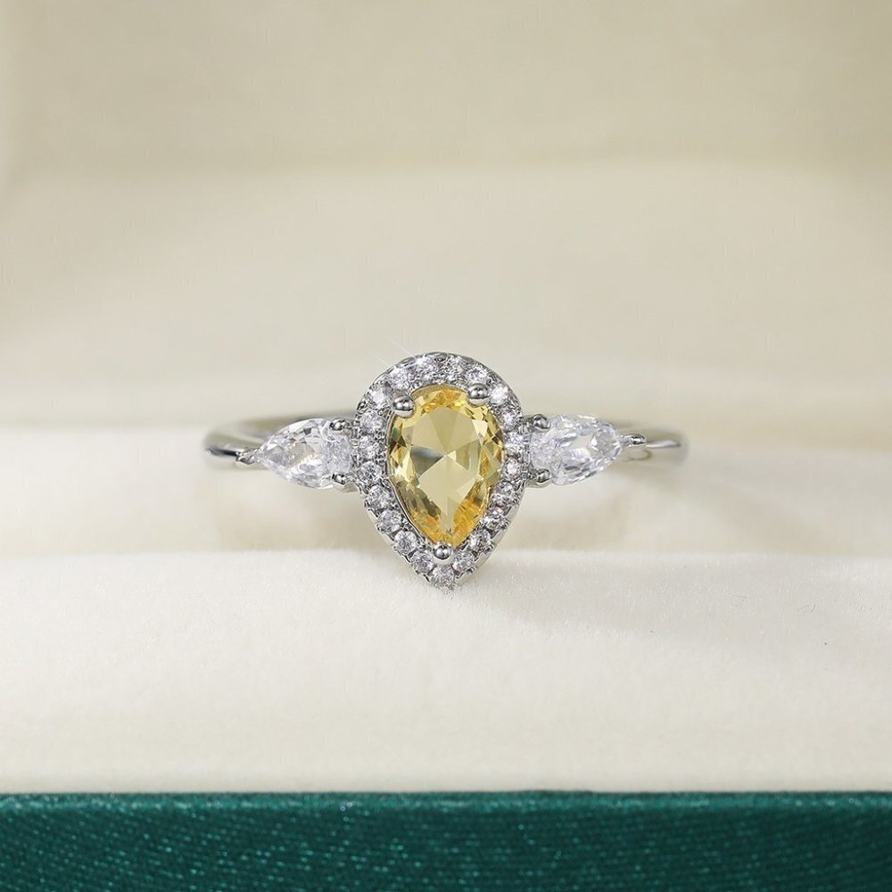 🔥925 Silver Yellow Water Drop Romantic Crystal Diamond Ring for Women, K778 - Picture 3 of 10